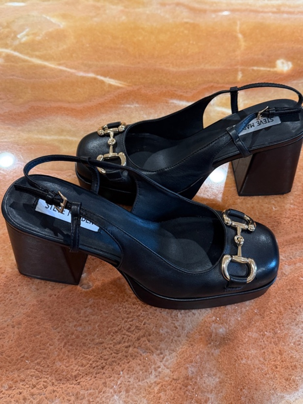 Steve Madden Black Leather Platform Slingback Heels with Gold Hardware